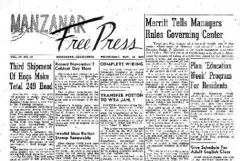 Manzanar Free Press Vol. IV No. 19 (November 10, 1943) (ddr-densho-125-183)