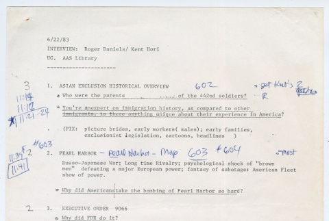 Roger Daniels/Kent Hori interview questions, annotated (ddr-densho-1007-878)