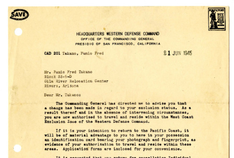 Letter from James Brell, CWO USA, Actg Asst Adj Gen, to Mr. Fumio Fred Takano, June 21, 1945 (ddr-csujad-42-111)