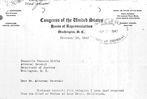 Memo to Francis Biddle from Congressman Ward Johnson (ddr-densho-67-128)