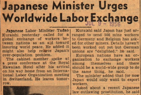 Newspaper clipping regarding Tadao Kuraishi (ddr-njpa-4-332)