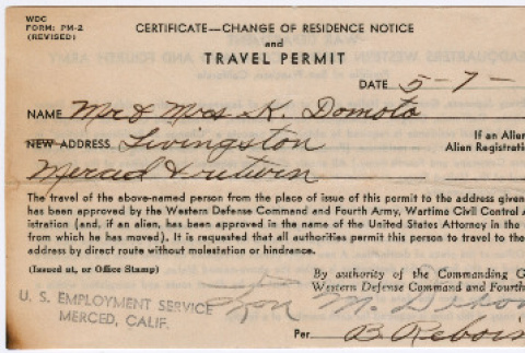 Certificate of Change of Residence Notion and Travel Permit for Sally and Kaneji Domoto (ddr-densho-329-977)