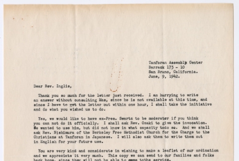 Letter to Rev. Robert Inglis from George Aki (ddr-densho-498-22)