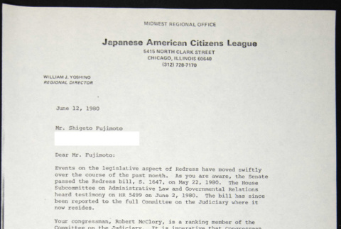 Letter to Shigeto Fujimoto from William Yoshino (ddr-chijacl-1-490)
