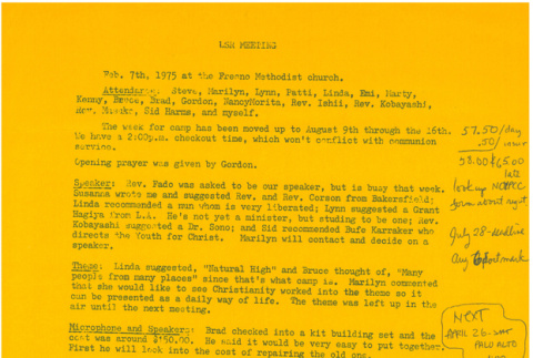 Meeting minutes for planning the 1975 Lake Sequoia Retreat (ddr-densho-336-676)