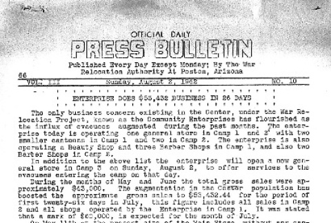 Poston Official Daily Press Bulletin Vol. III No. 10 (August 2, 1942) (ddr-densho-145-71)
