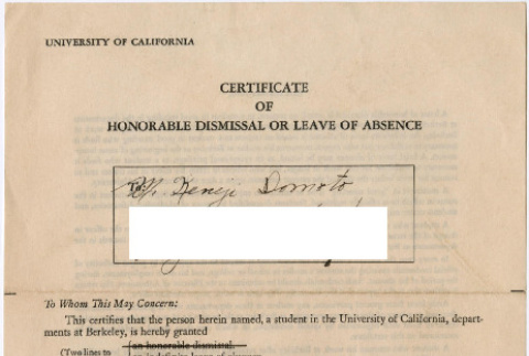 Certificate of Honorable Dismissal or Leave of Absence for Kaneji Domoto (ddr-densho-329-974)
