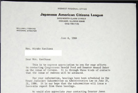 Letter to Miyako Kimikawa from  William Yoshino (ddr-chijacl-1-716)