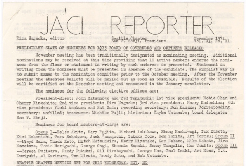 Seattle Chapter, JACL Reporter, Vol. XI, No. 11, November 1974 (ddr-sjacl-1-172)