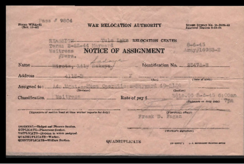 Notice of assignment, Form WRA-21, Lily Sadae Hirota (ddr-csujad-55-1900)