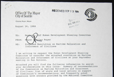 Memo to Members of the NLC Human Development Steering Committee from Mayor Charles Royer (ddr-chijacl-1-184)