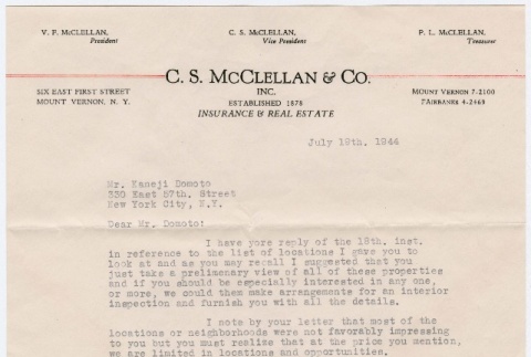 Letter to Kaneji Domoto from C.S. McClellan & Co. (ddr-densho-329-478)