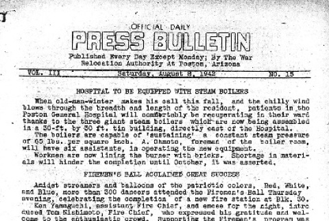 Poston Official Daily Press Bulletin Vol. III No. 15 (August 8, 1942) (ddr-densho-145-76)