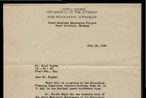 Letter from Tomi Fujimura, Secretary, to Mr. Shoji Nagumo, July 25, 1944 (ddr-csujad-55-967)