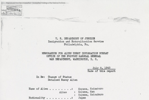 Memorandum for Alien Enemy Information Bureau Office of the Provost Marshal General War Department, Washington D.C. (ddr-one-5-210)