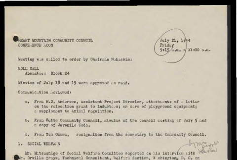 Minutes from the Heart Mountain Community Council meeting, July 21, 1944 (ddr-csujad-55-589)