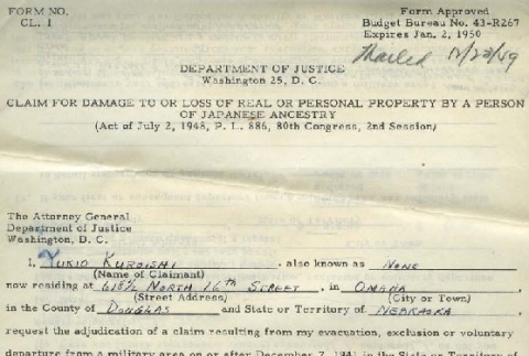 Claim for Damage to or Loss of Real or Personal Property by a Person of Japanese Ancestry (ddr-densho-167-43)