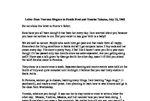 Letter from Tsuruno Meguro to Fumio Fred and Yoneko Takano, July 13, 1942, English translation (ddr-csujad-42-54)