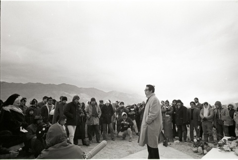 Pilgrimage ceremony in front the Manzanar Cemetery Momunent (ddr-manz-3-27)