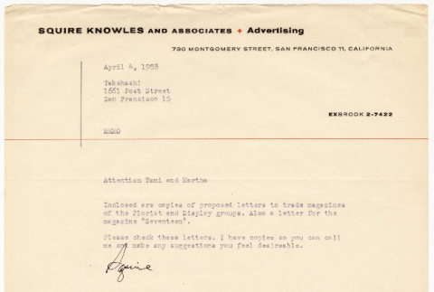 Letter from Squire Knowles to Tami (Tomoye) Takahashi and Martha Tsuchida (ddr-densho-424-50)