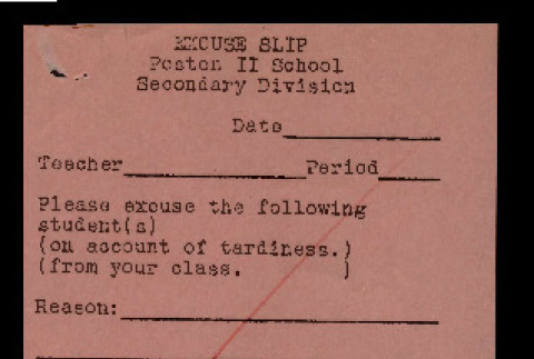 Excuse slip, Poston II School Secondary Division (ddr-csujad-55-1752)