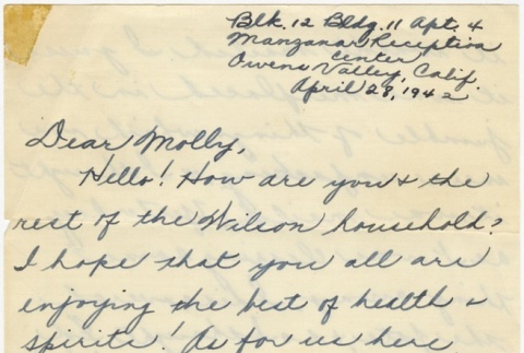 Letter to Molly Wilson from Chiyeko Akahoshi (April 28, 1942) (ddr-janm-1-100)