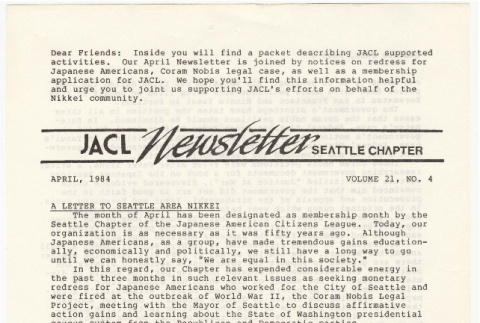 Seattle Chapter, JACL Reporter, Vol. XXI, No. 4, April 1984 (ddr-sjacl-1-333)