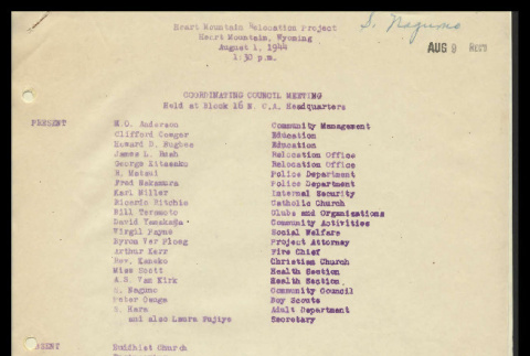Minutes from the Heart Mountain Coordinating Council meeting, August 1, 1944 (ddr-csujad-55-610)