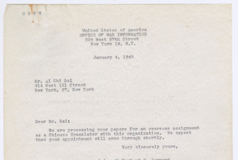 Letter from Herbert C. Sargent to Ai Chih Tsai (ddr-densho-446-146)