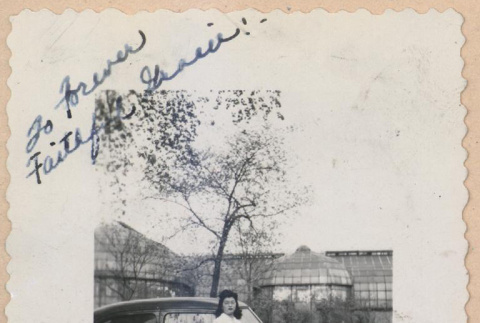 Signed photograph of a woman in front of a car (ddr-manz-10-78)