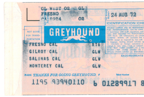 Greyhound bus ticket for Fresno to Monterey (ddr-densho-336-592)