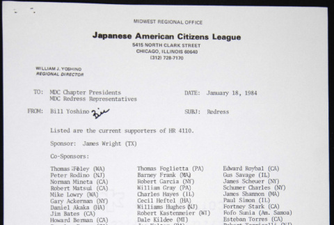 Memo to MDC Chapter Presidents from Bill Yoshino with list of supporters of HR 4110 (ddr-chijacl-1-259)