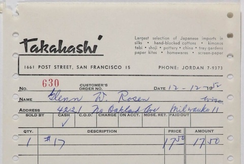 Receipt from Takahashi Trading Co. to Glenn Rosen (ddr-densho-424-684)