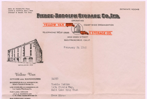 Letter from Pierce-Rodolph Storage Co to Yoshio Ishida (ddr-densho-535-405)