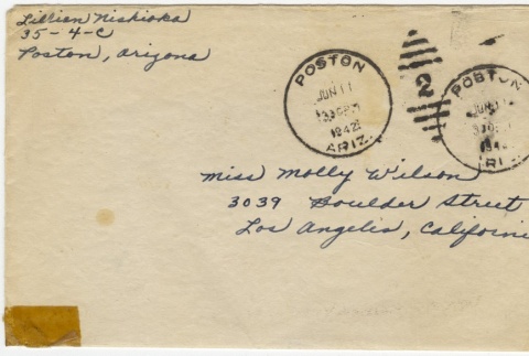 Letter (with envelope) to Molly Wilson from Sadae (Lillian) Nishioka (June 8, 1942) (ddr-janm-1-94)