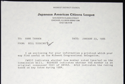 Memo to Hank Tanaka from Bill Yoshino (ddr-chijacl-1-692)
