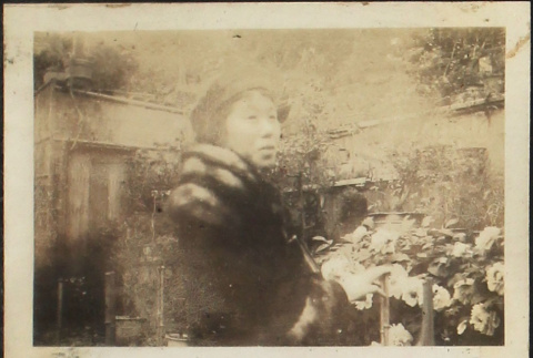 Woman in fur wrap standing in garden (ddr-densho-423-533)
