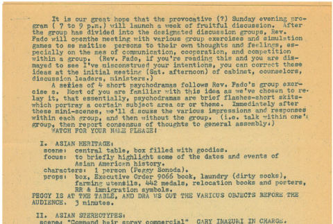 Memo regarding psychodramas at the 1972 Lake Sequoia Retreat (ddr-densho-336-586)