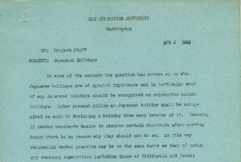 Community Analysis Report No. 4: Notes on Japanese Holidays (ddr-densho-171-217)