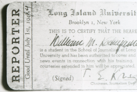 William Kochiyama Long Island University student reporter certification (ddr-densho-1007-813)
