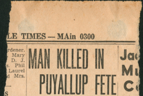 Article from Seattle Times titled:  Man killed in Puyallup Fete (ddr-densho-493-95)