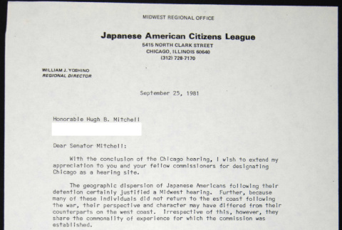 Letter to Hugh Mitchell from Bill Yoshino (ddr-chijacl-1-550)
