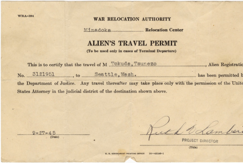Alien's Travel Permit (ddr-densho-383-526)