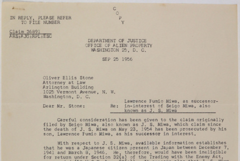 Letter from Arthur Schor, Office of Alien Property, to Oliver Ellis Stone (ddr-densho-437-83)