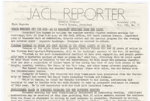 Seattle Chapter, JACL Reporter, Vol. VII, No. 11, November 1970 (ddr-sjacl-1-124)