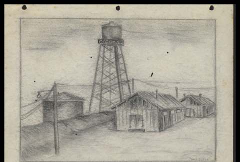 Pencil drawing of Poston water tower and barracks (ddr-csujad-55-1890)