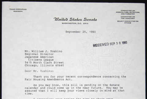 Letter to William Yoshino from Thad Cochran (ddr-chijacl-1-326)