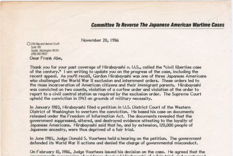 Letter from Committee to Reverse the Japanese American Wartime Cases (ddr-densho-122-347)