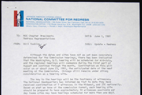 Memo to MDC Chapter Presidents, Redress Representatives from Bill Yoshino (ddr-chijacl-1-287)