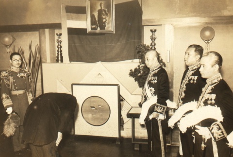 Torao Kawasaki and other officials marking the Emperor of Manchukuo's birthday (ddr-njpa-4-563)